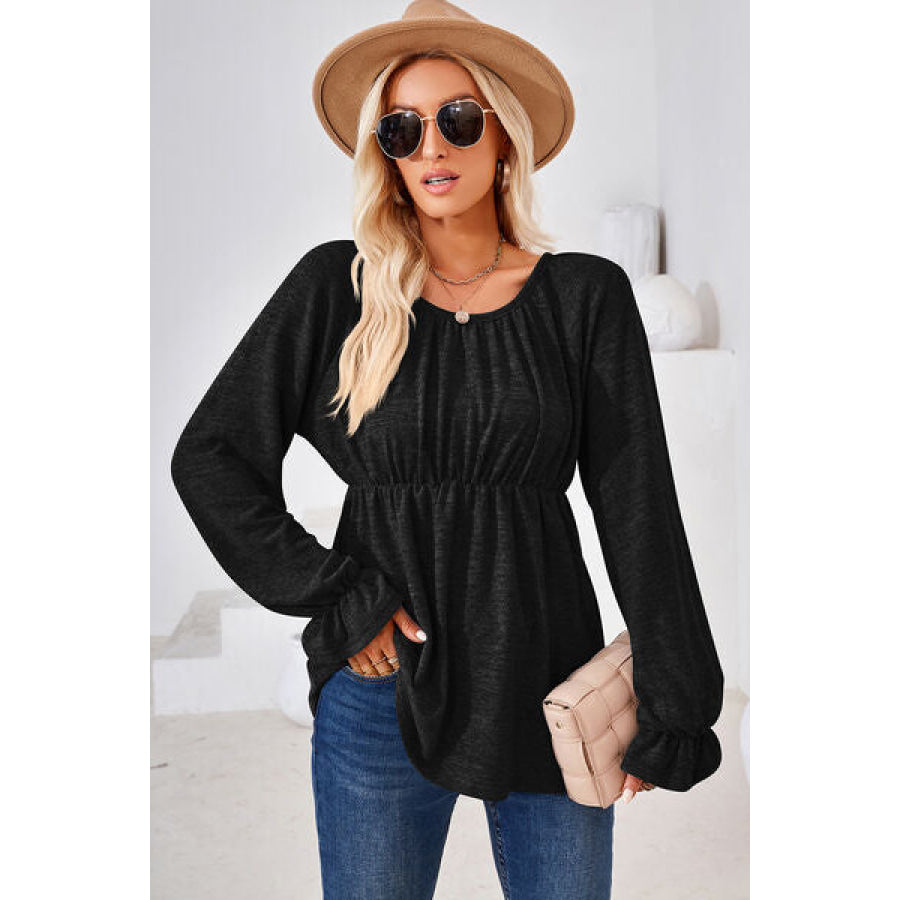 Ruched Round Neck Flounce Sleeve Blouse Apparel and Accessories