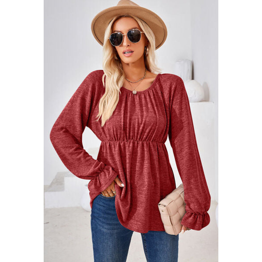 Ruched Round Neck Flounce Sleeve Blouse Apparel and Accessories