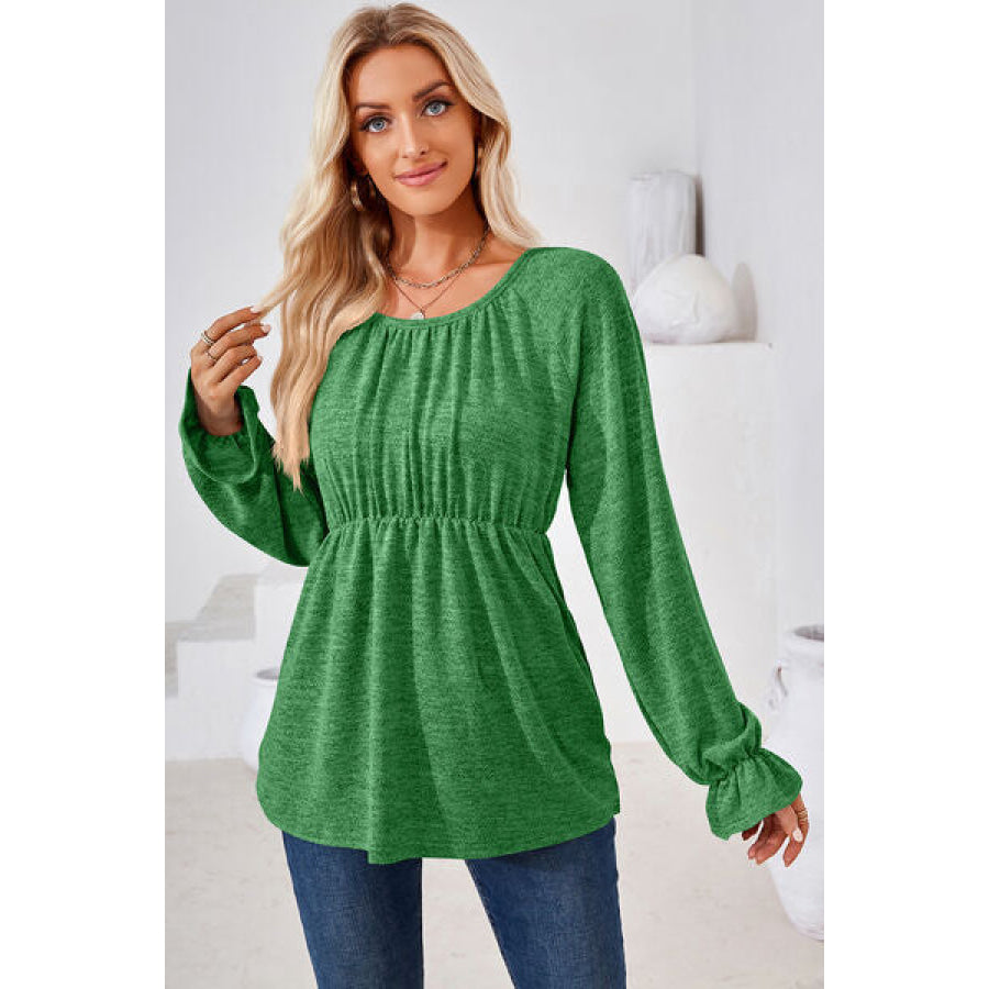 Ruched Round Neck Flounce Sleeve Blouse Apparel and Accessories