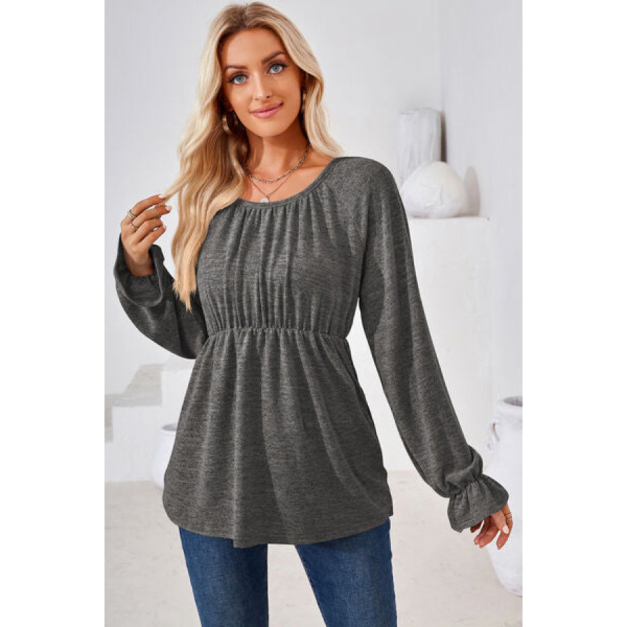 Ruched Round Neck Flounce Sleeve Blouse Apparel and Accessories