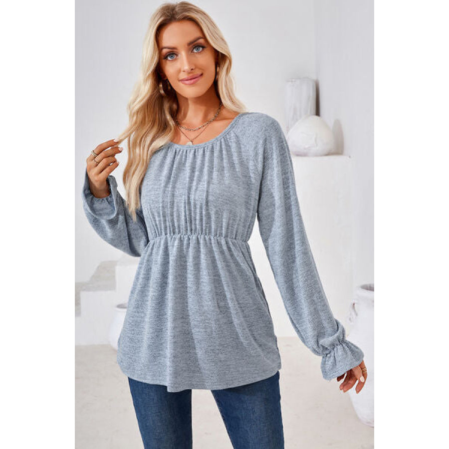 Ruched Round Neck Flounce Sleeve Blouse Apparel and Accessories