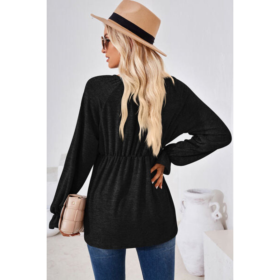 Ruched Round Neck Flounce Sleeve Blouse Apparel and Accessories