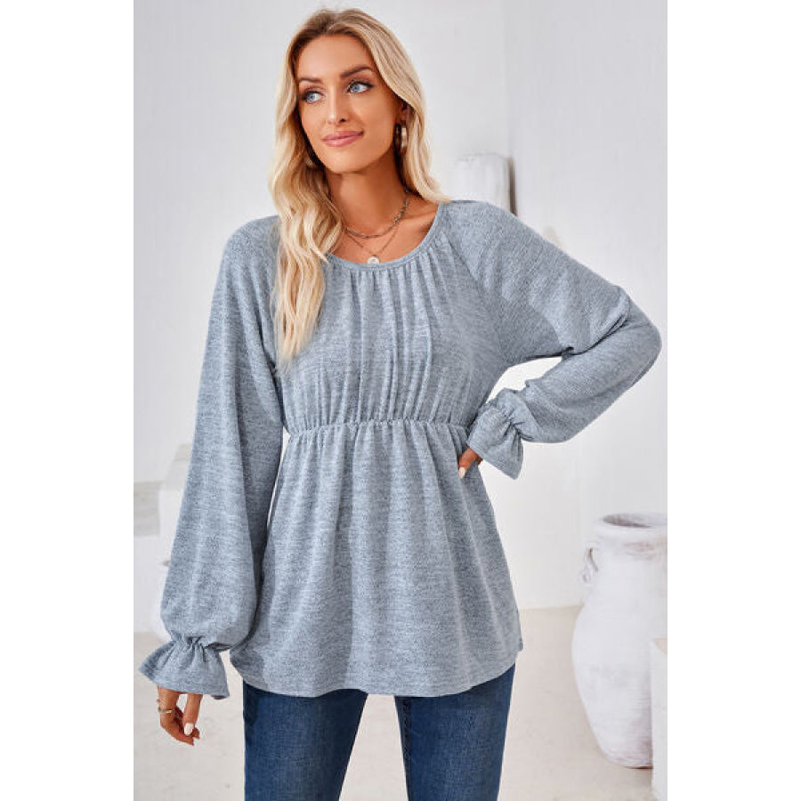 Ruched Round Neck Flounce Sleeve Blouse Apparel and Accessories