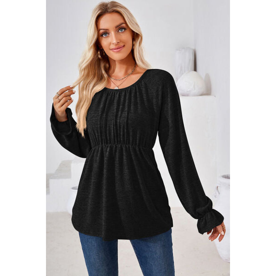 Ruched Round Neck Flounce Sleeve Blouse Apparel and Accessories