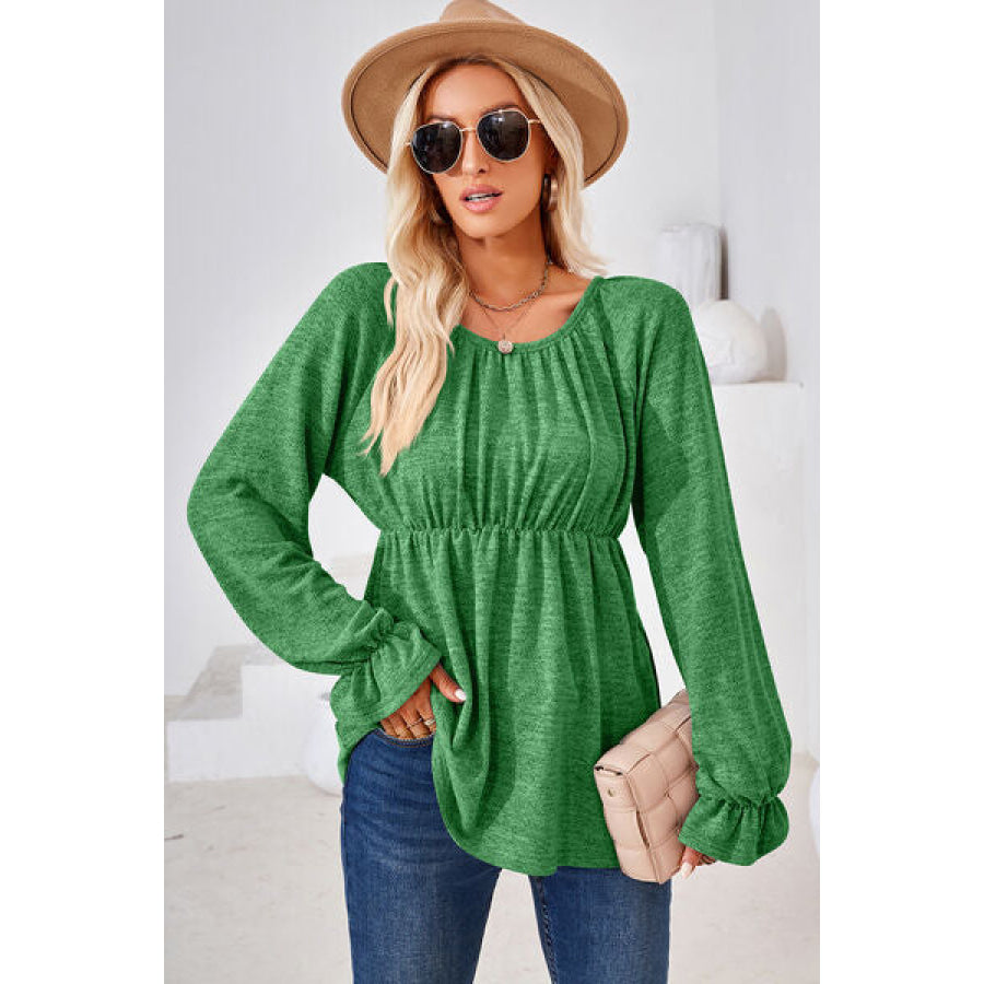 Ruched Round Neck Flounce Sleeve Blouse Apparel and Accessories