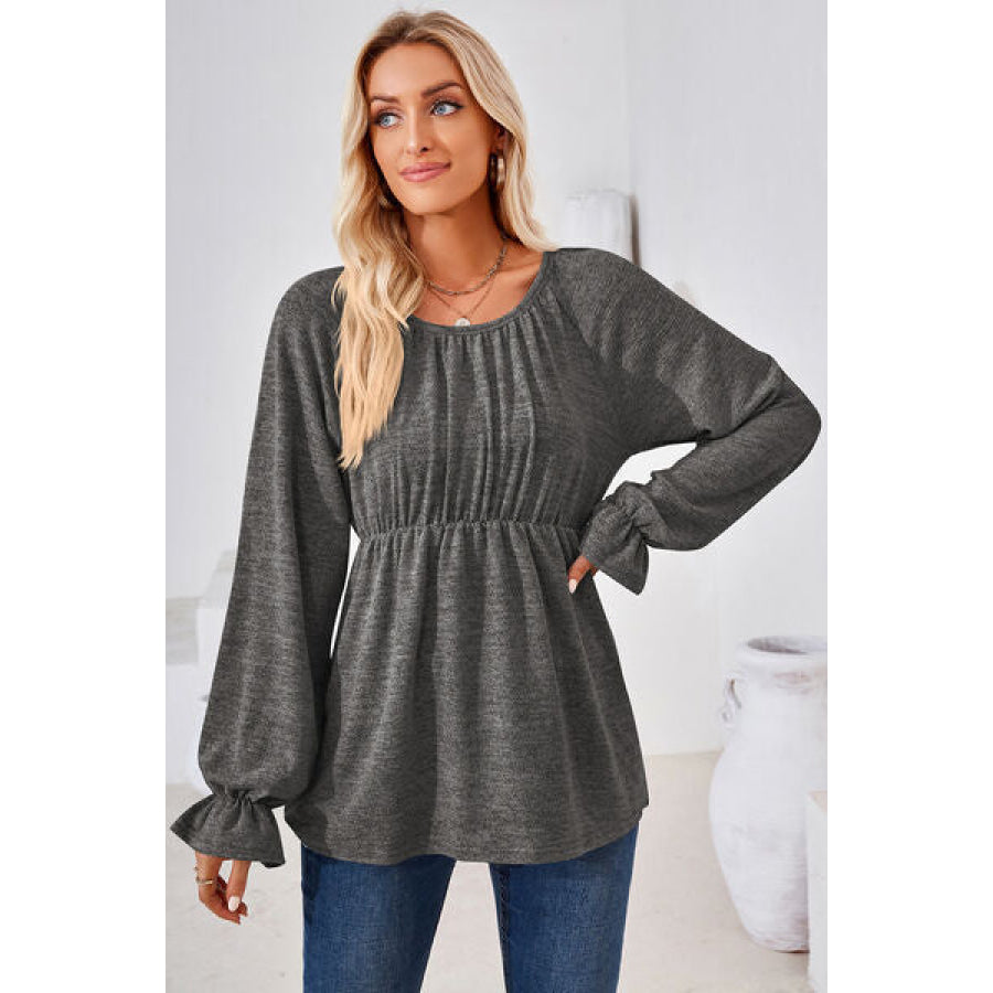 Ruched Round Neck Flounce Sleeve Blouse Apparel and Accessories