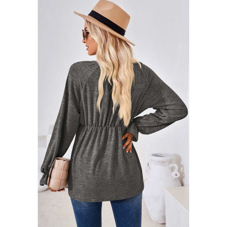 Ruched Round Neck Flounce Sleeve Blouse Apparel and Accessories