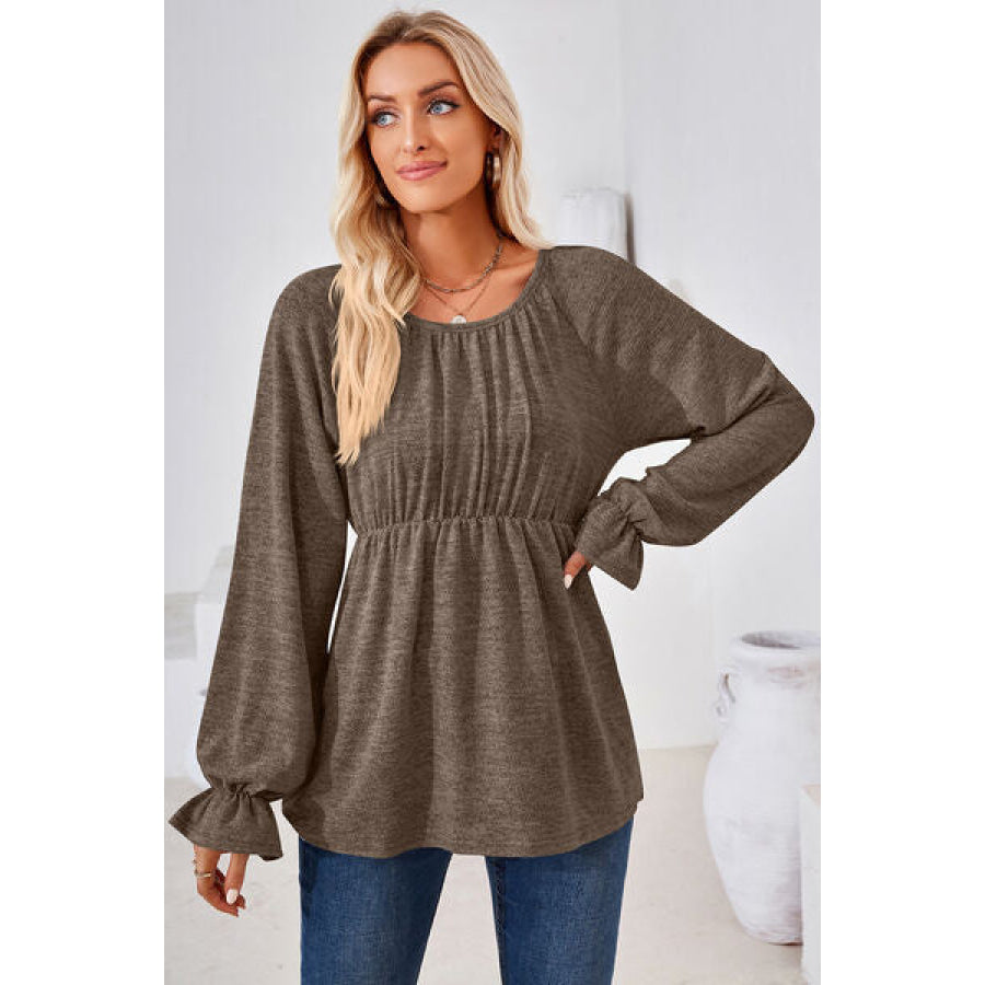 Ruched Round Neck Flounce Sleeve Blouse Apparel and Accessories