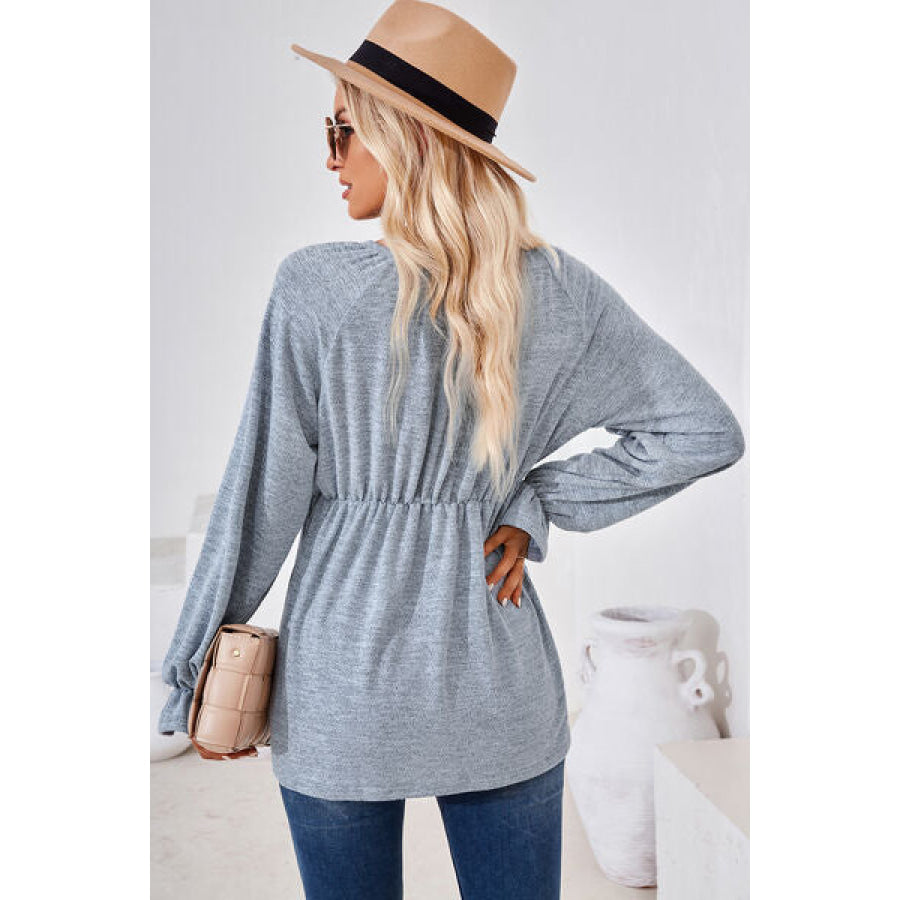 Ruched Round Neck Flounce Sleeve Blouse Apparel and Accessories