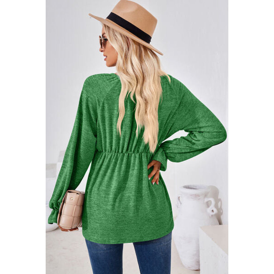 Ruched Round Neck Flounce Sleeve Blouse Apparel and Accessories