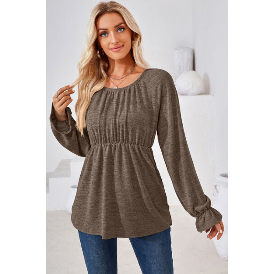 Ruched Round Neck Flounce Sleeve Blouse Apparel and Accessories