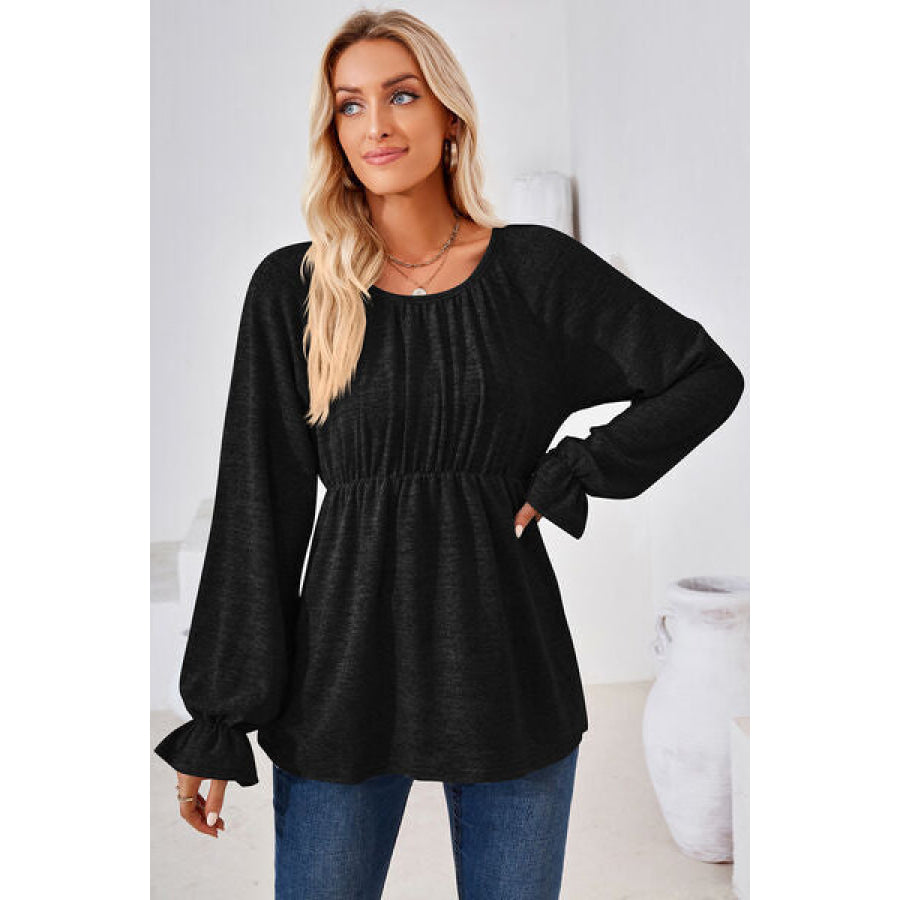 Ruched Round Neck Flounce Sleeve Blouse Black / S Apparel and Accessories