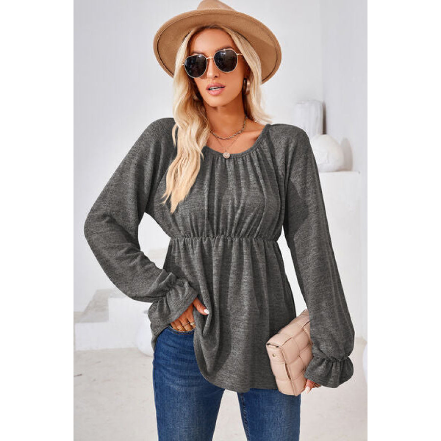 Ruched Round Neck Flounce Sleeve Blouse Charcoal / S Apparel and Accessories