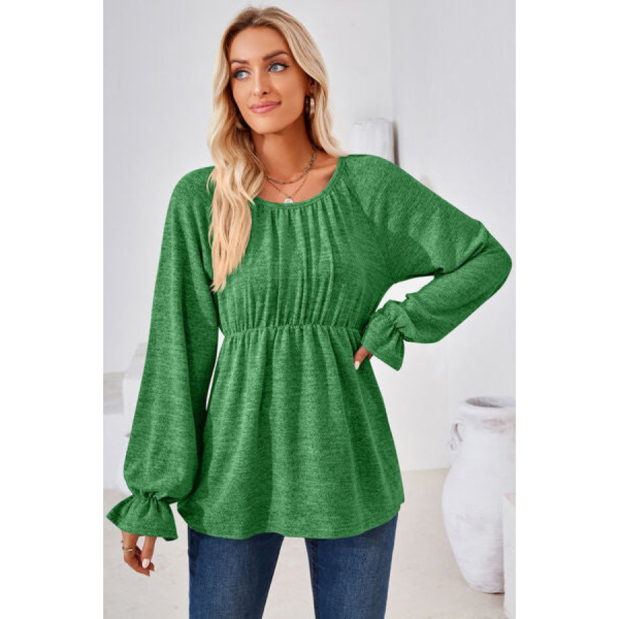 Ruched Round Neck Flounce Sleeve Blouse Mid Green / S Apparel and Accessories