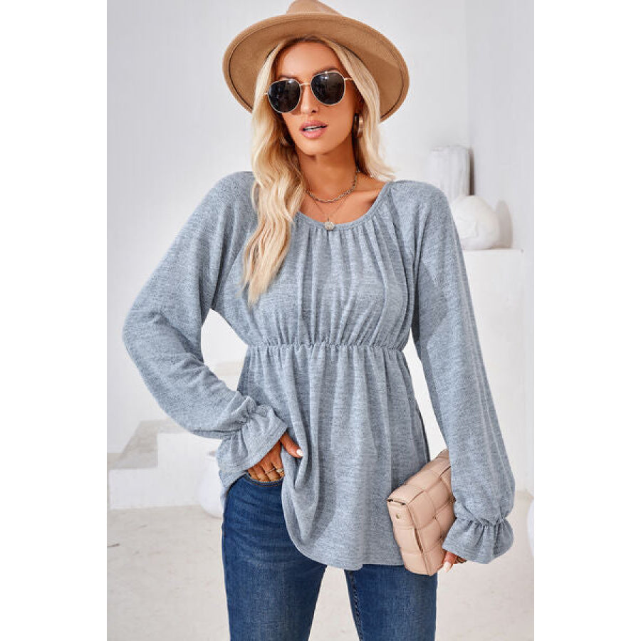 Ruched Round Neck Flounce Sleeve Blouse Misty Blue / S Apparel and Accessories