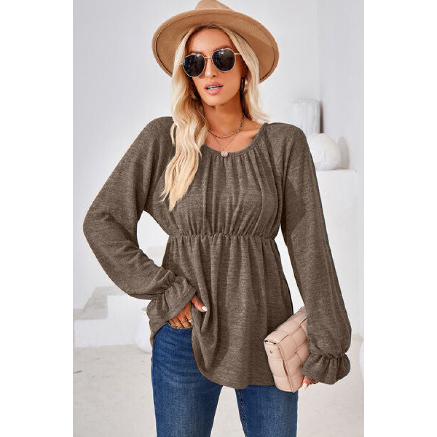 Ruched Round Neck Flounce Sleeve Blouse Mocha / S Apparel and Accessories