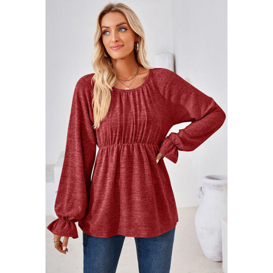 Ruched Round Neck Flounce Sleeve Blouse Wine / S Apparel and Accessories