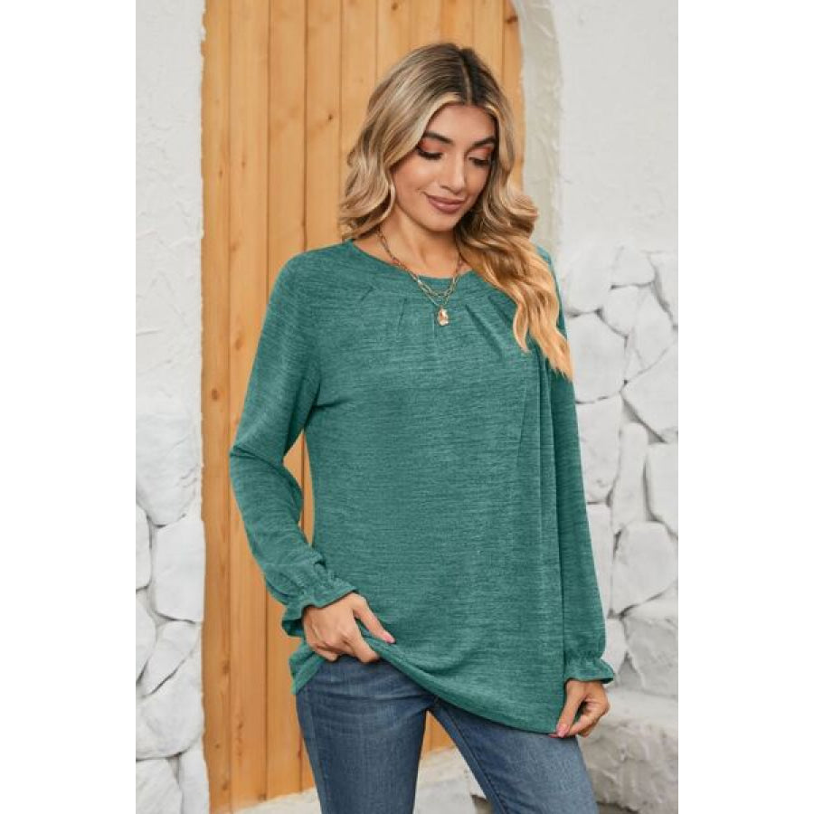 Ruched Round Neck Flounce Sleeve T - Shirt Air Force Blue / S Apparel and Accessories