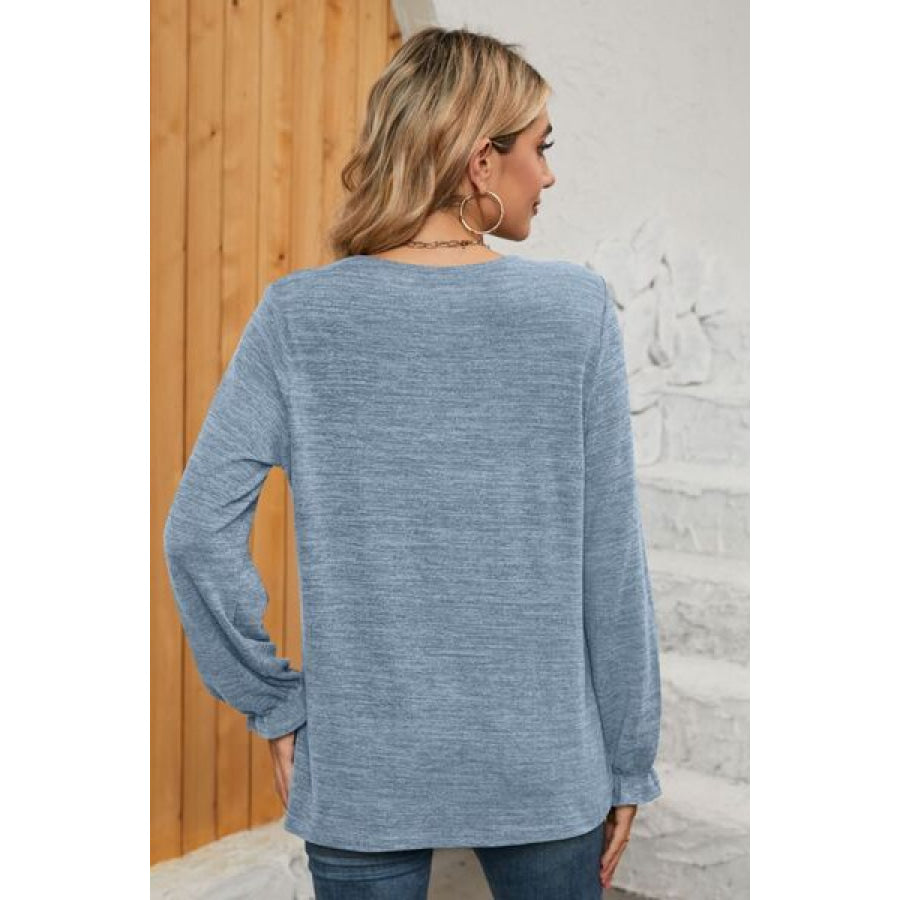 Ruched Round Neck Flounce Sleeve T - Shirt Apparel and Accessories