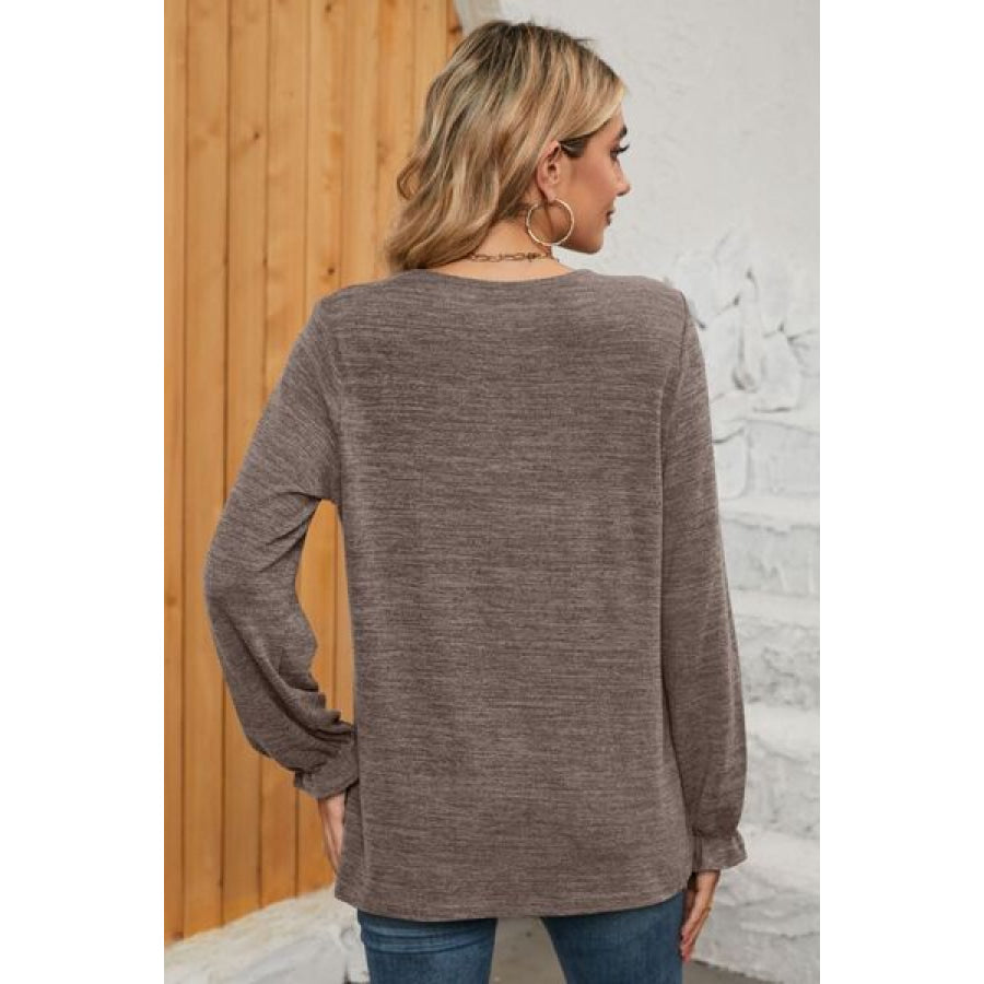 Ruched Round Neck Flounce Sleeve T - Shirt Apparel and Accessories