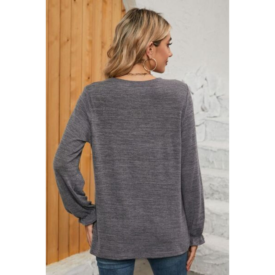 Ruched Round Neck Flounce Sleeve T - Shirt Apparel and Accessories