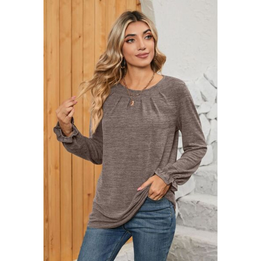 Ruched Round Neck Flounce Sleeve T - Shirt Apparel and Accessories