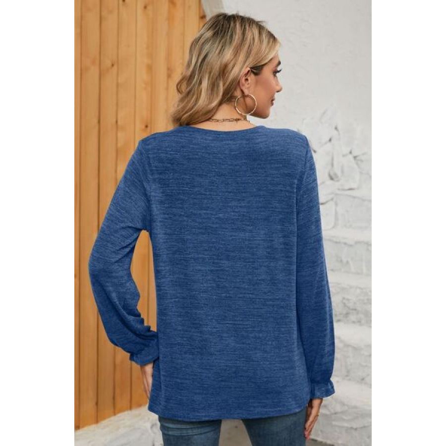 Ruched Round Neck Flounce Sleeve T - Shirt Apparel and Accessories