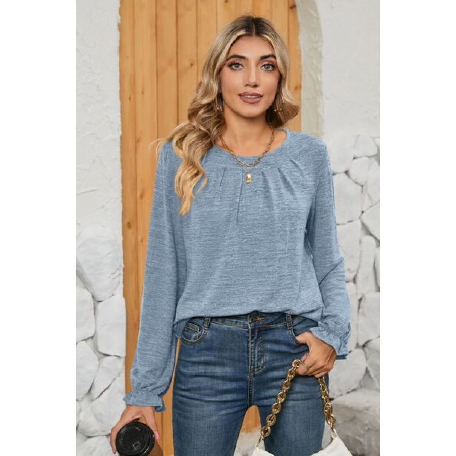 Ruched Round Neck Flounce Sleeve T - Shirt Apparel and Accessories