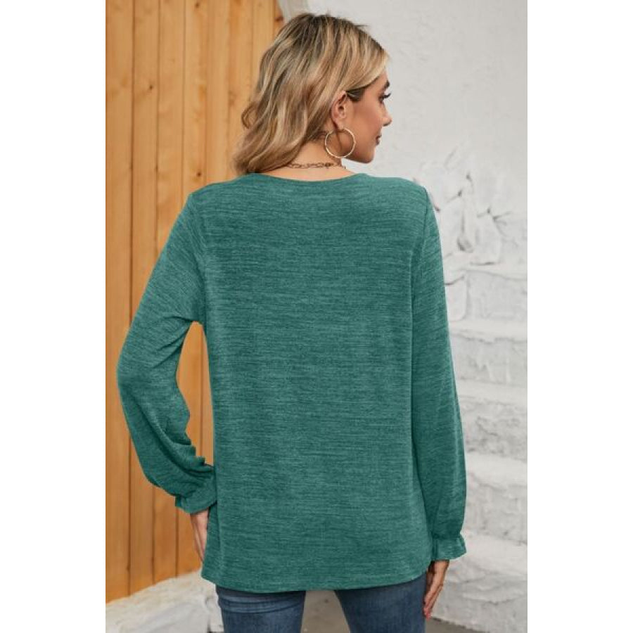 Ruched Round Neck Flounce Sleeve T - Shirt Apparel and Accessories