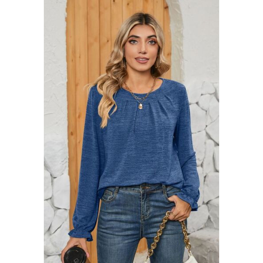 Ruched Round Neck Flounce Sleeve T - Shirt Apparel and Accessories