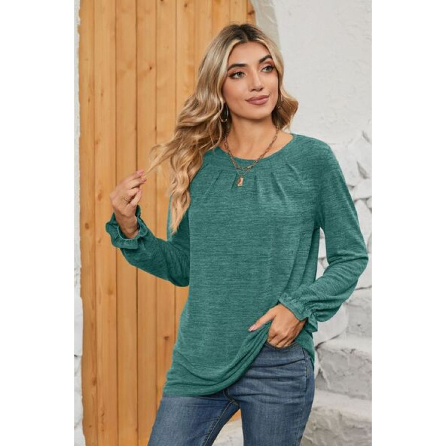 Ruched Round Neck Flounce Sleeve T - Shirt Apparel and Accessories