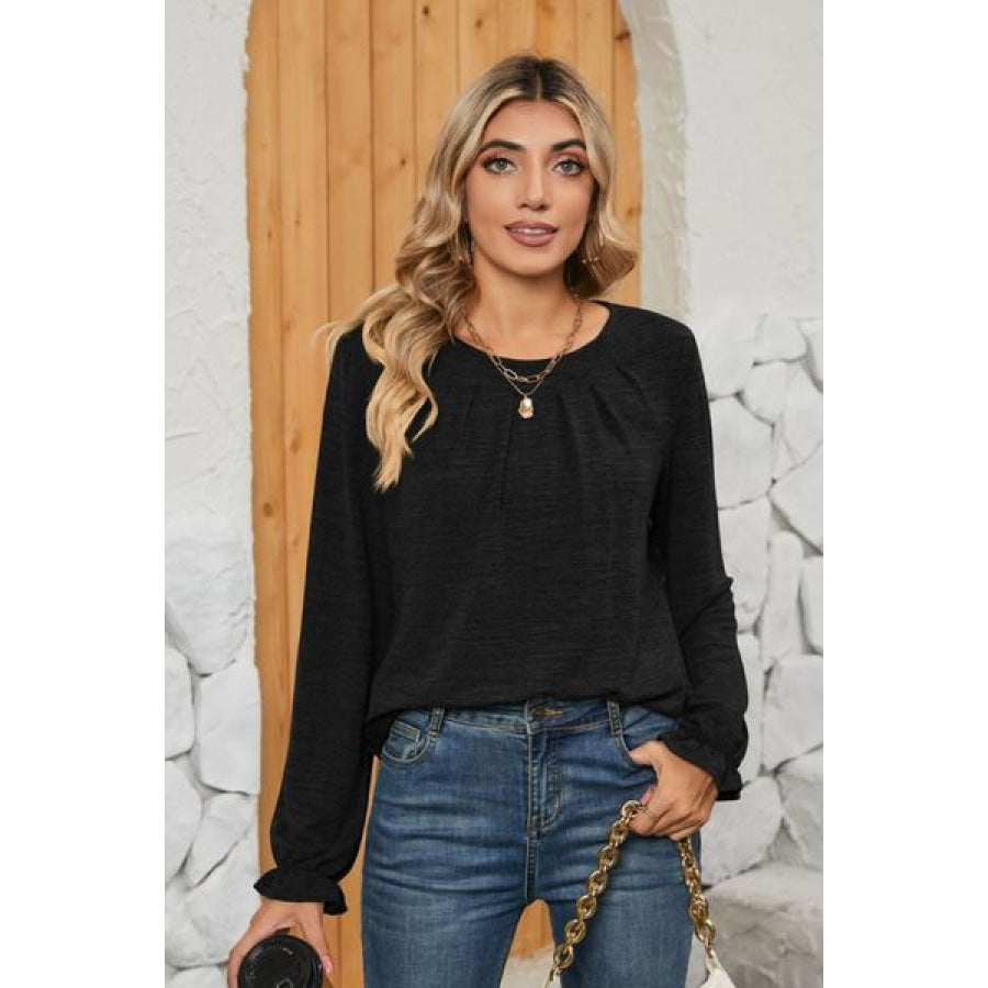 Ruched Round Neck Flounce Sleeve T - Shirt Apparel and Accessories