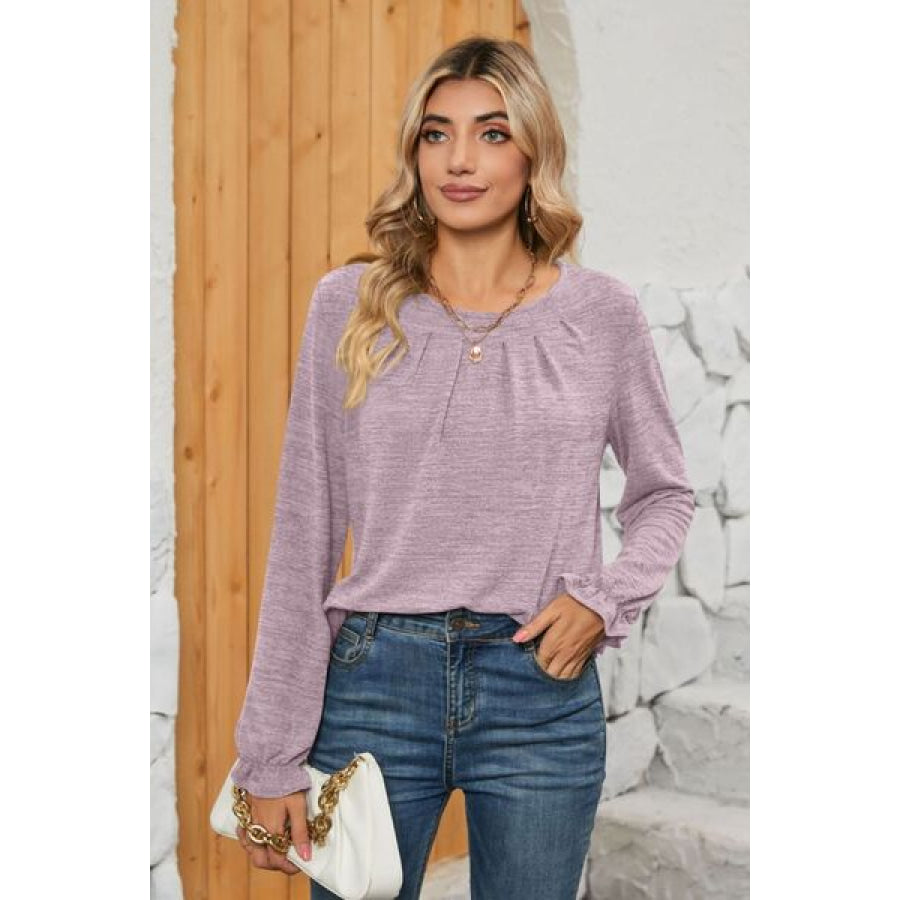 Ruched Round Neck Flounce Sleeve T - Shirt Apparel and Accessories