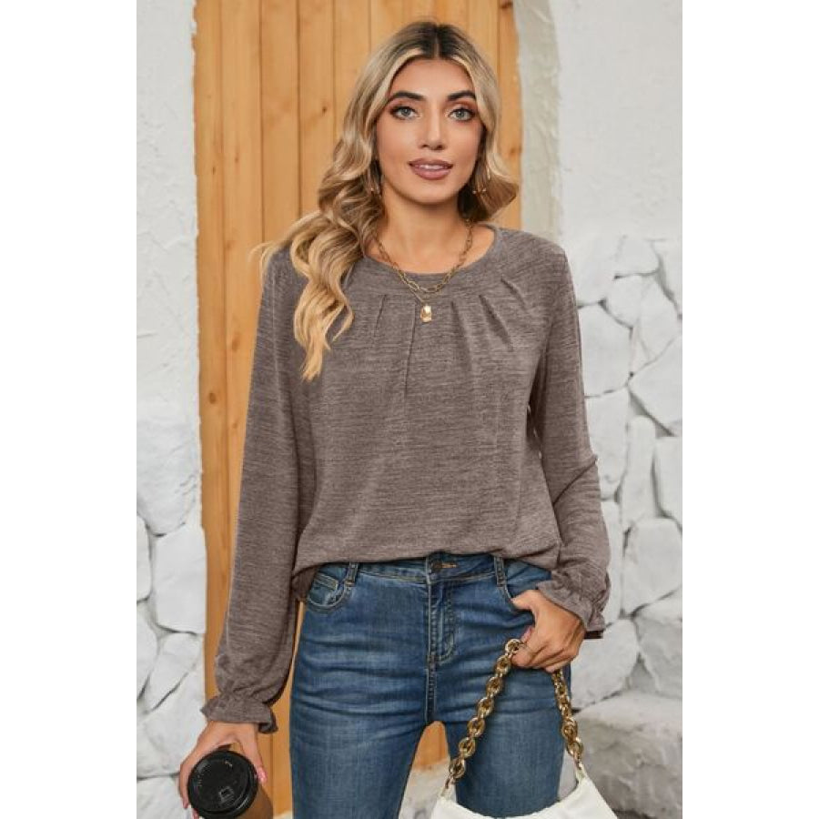 Ruched Round Neck Flounce Sleeve T - Shirt Apparel and Accessories