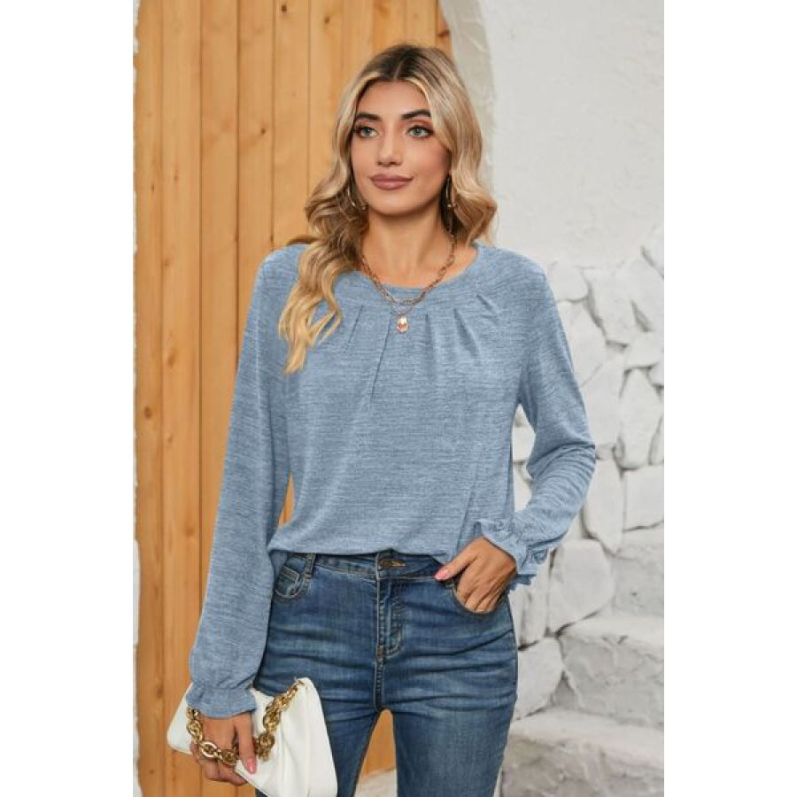 Ruched Round Neck Flounce Sleeve T - Shirt Apparel and Accessories