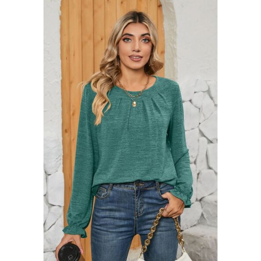 Ruched Round Neck Flounce Sleeve T - Shirt Apparel and Accessories