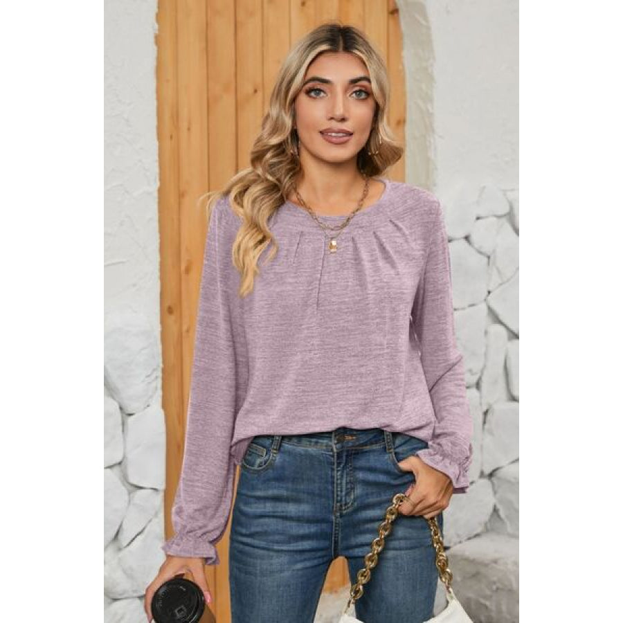 Ruched Round Neck Flounce Sleeve T - Shirt Apparel and Accessories
