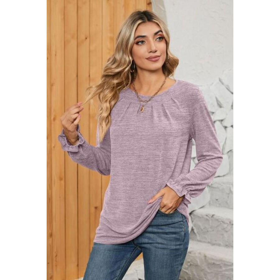 Ruched Round Neck Flounce Sleeve T - Shirt Apparel and Accessories