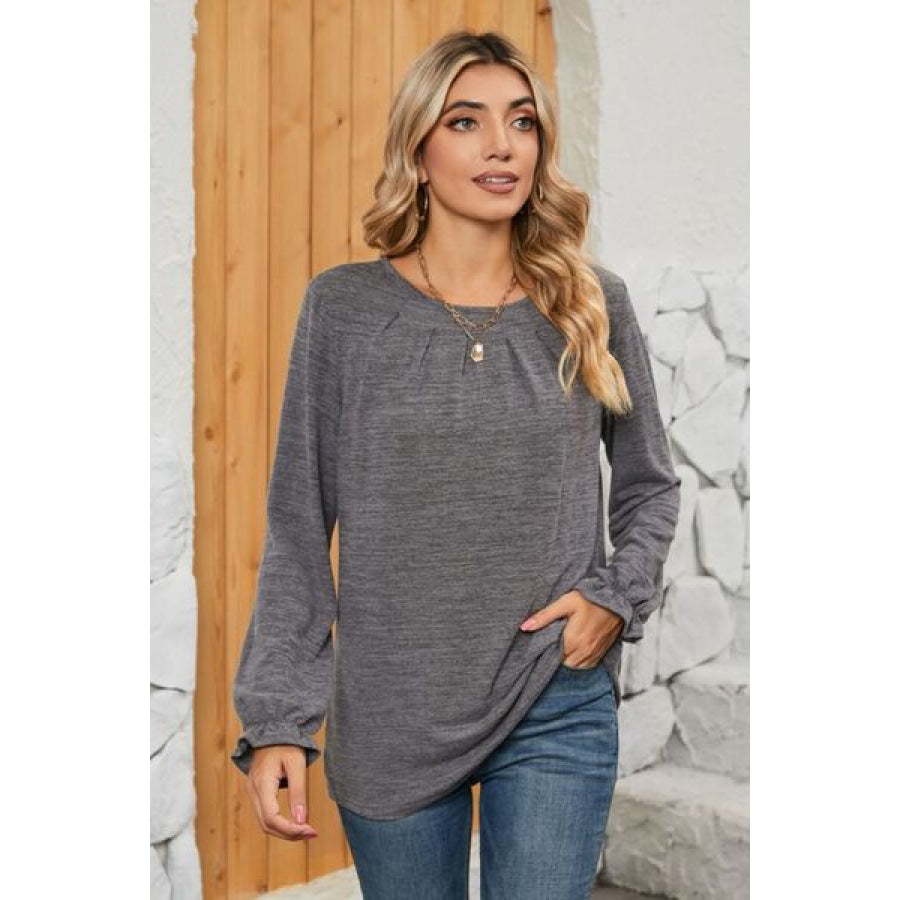 Ruched Round Neck Flounce Sleeve T - Shirt Charcoal / S Apparel and Accessories