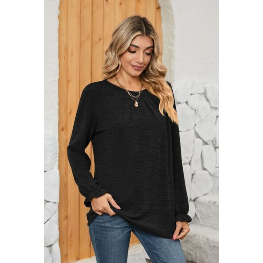 Ruched Round Neck Flounce Sleeve T - Shirt Black / S Apparel and Accessories