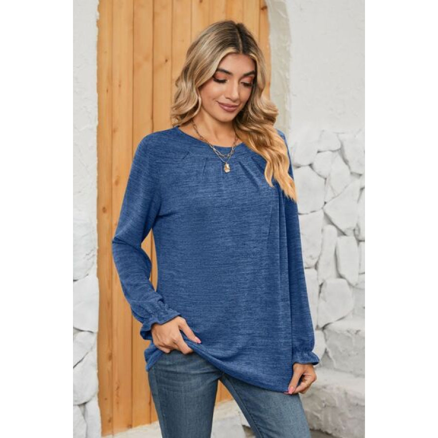 Ruched Round Neck Flounce Sleeve T - Shirt Dusty Blue / S Apparel and Accessories