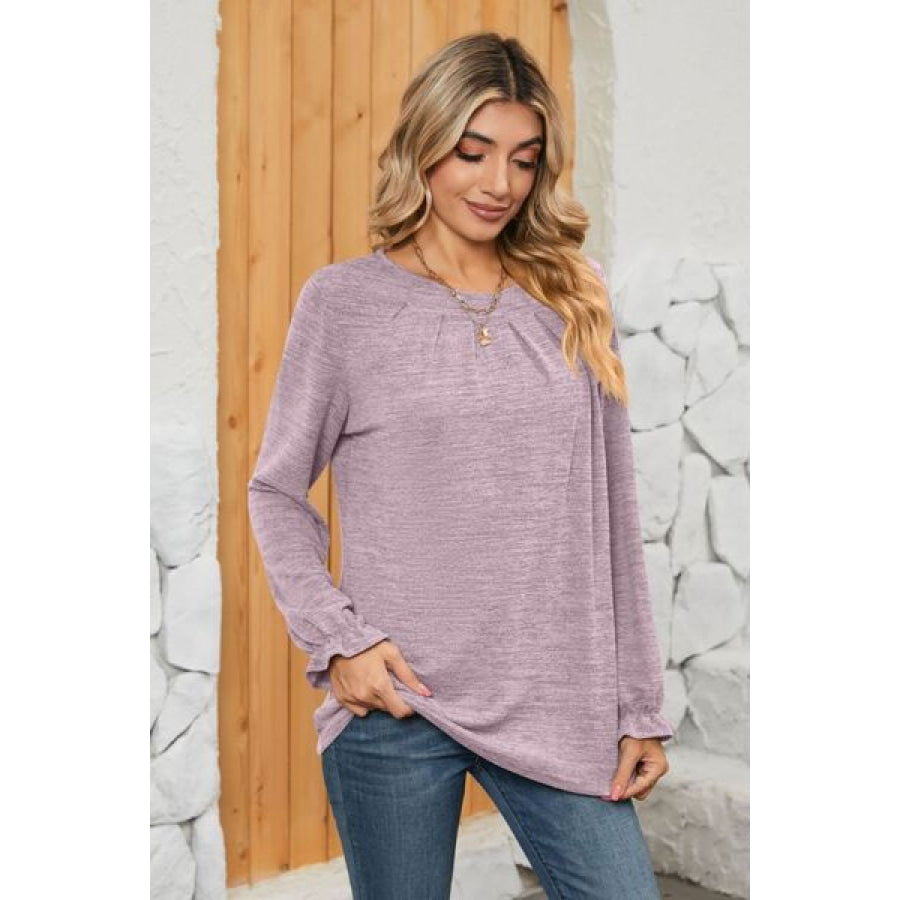 Ruched Round Neck Flounce Sleeve T - Shirt Lilac / S Apparel and Accessories