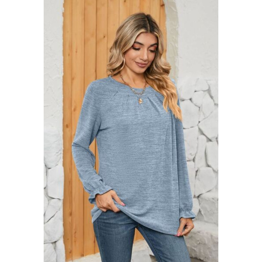 Ruched Round Neck Flounce Sleeve T - Shirt Misty Blue / S Apparel and Accessories