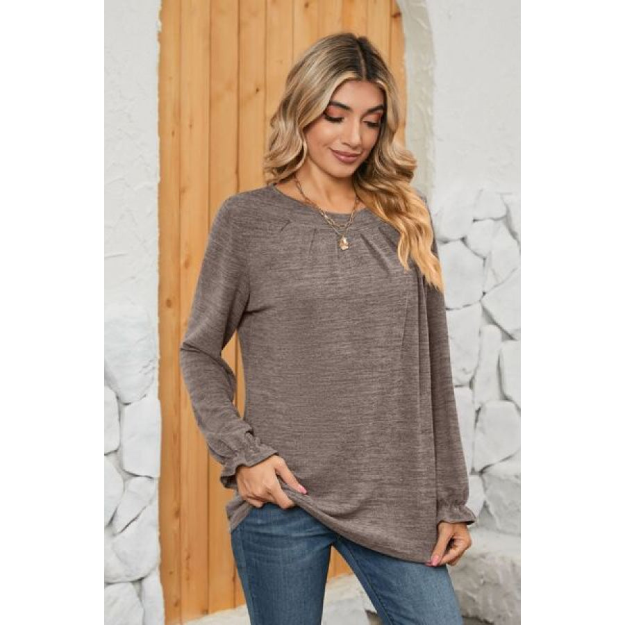 Ruched Round Neck Flounce Sleeve T - Shirt Mocha / S Apparel and Accessories