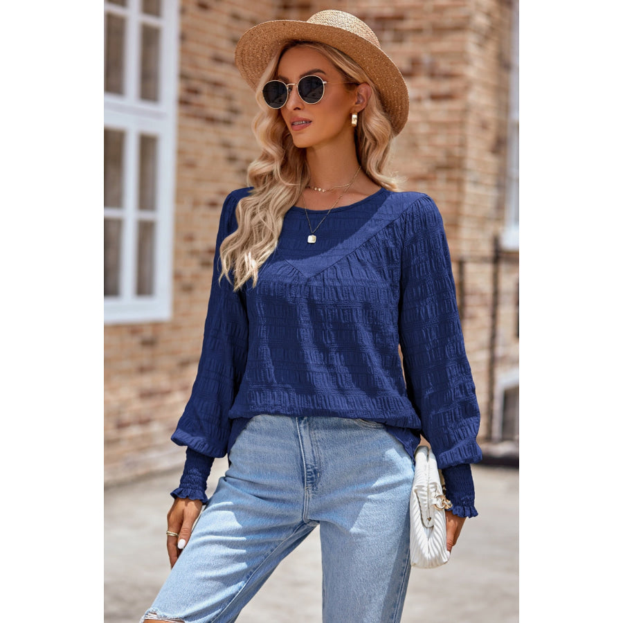 Ruched Round Neck Lantern Sleeve Blouse Apparel and Accessories