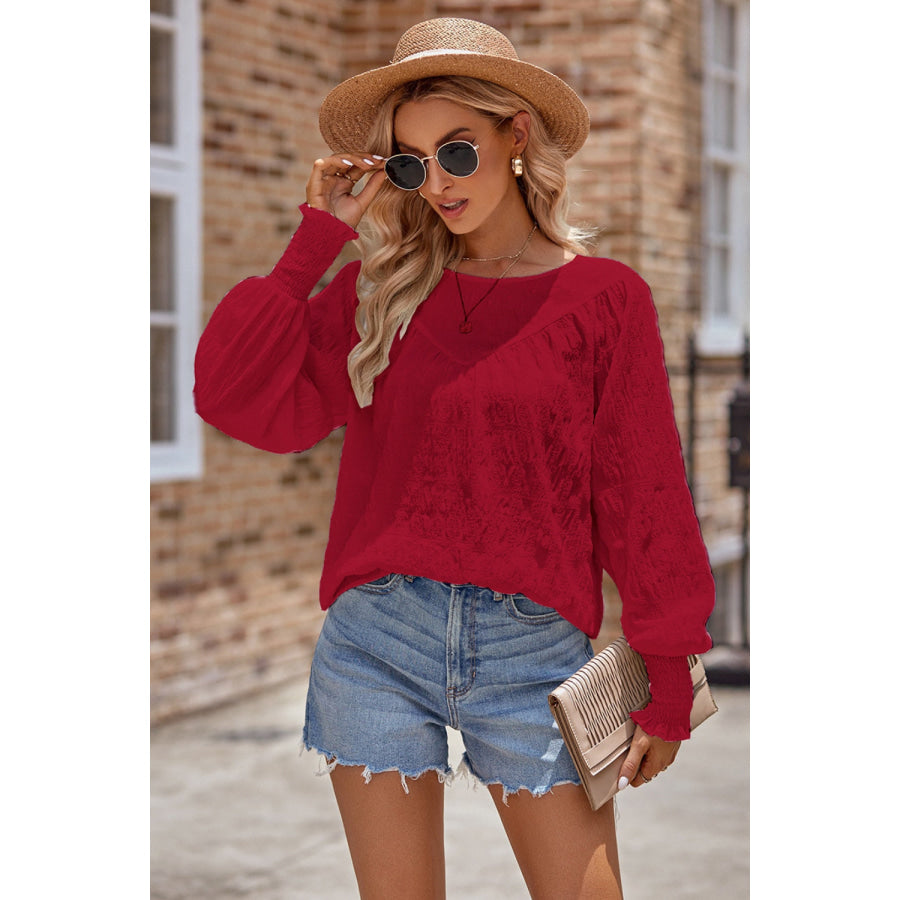 Ruched Round Neck Lantern Sleeve Blouse Apparel and Accessories