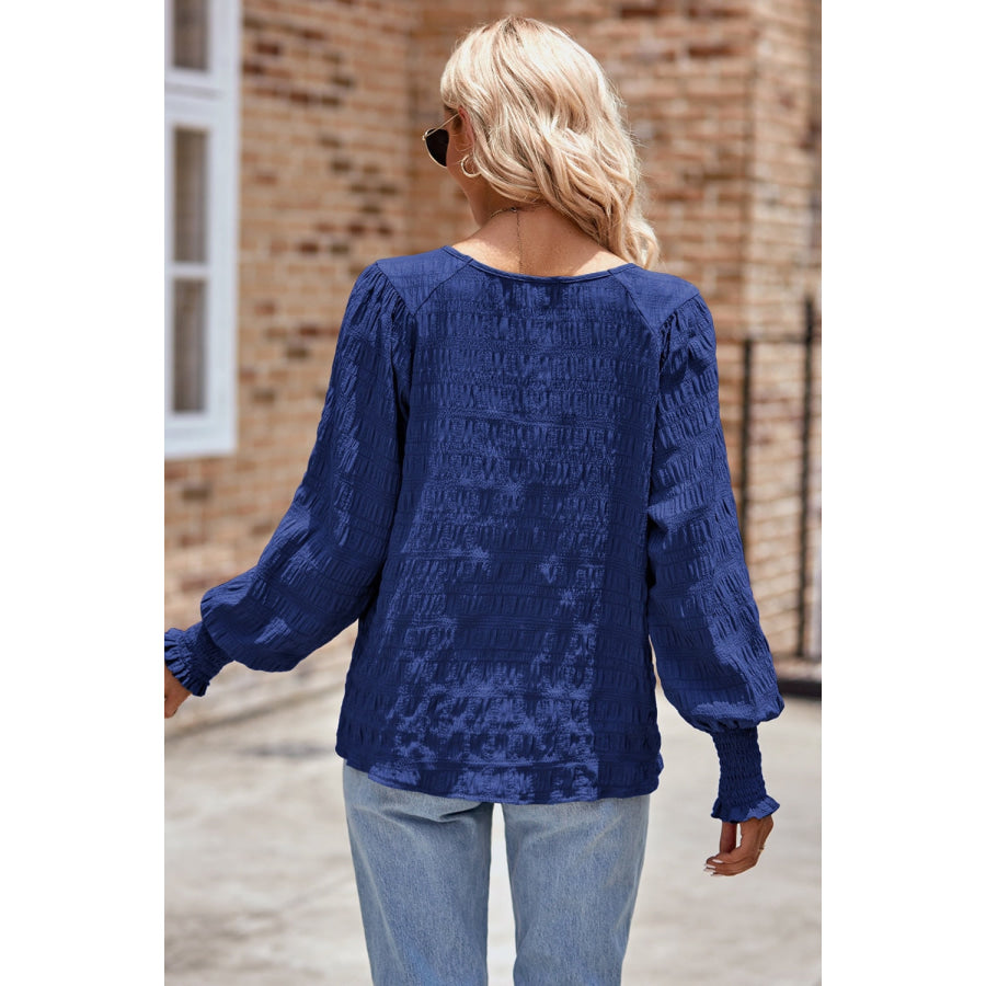 Ruched Round Neck Lantern Sleeve Blouse Apparel and Accessories