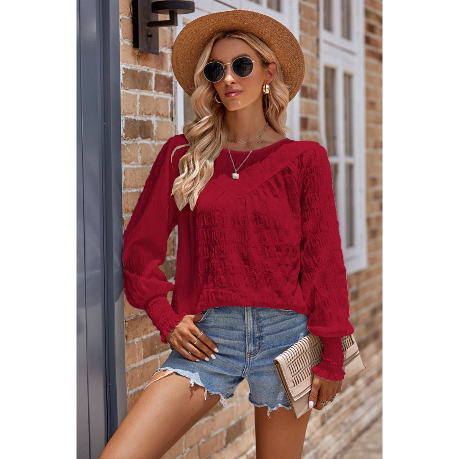 Ruched Round Neck Lantern Sleeve Blouse Apparel and Accessories