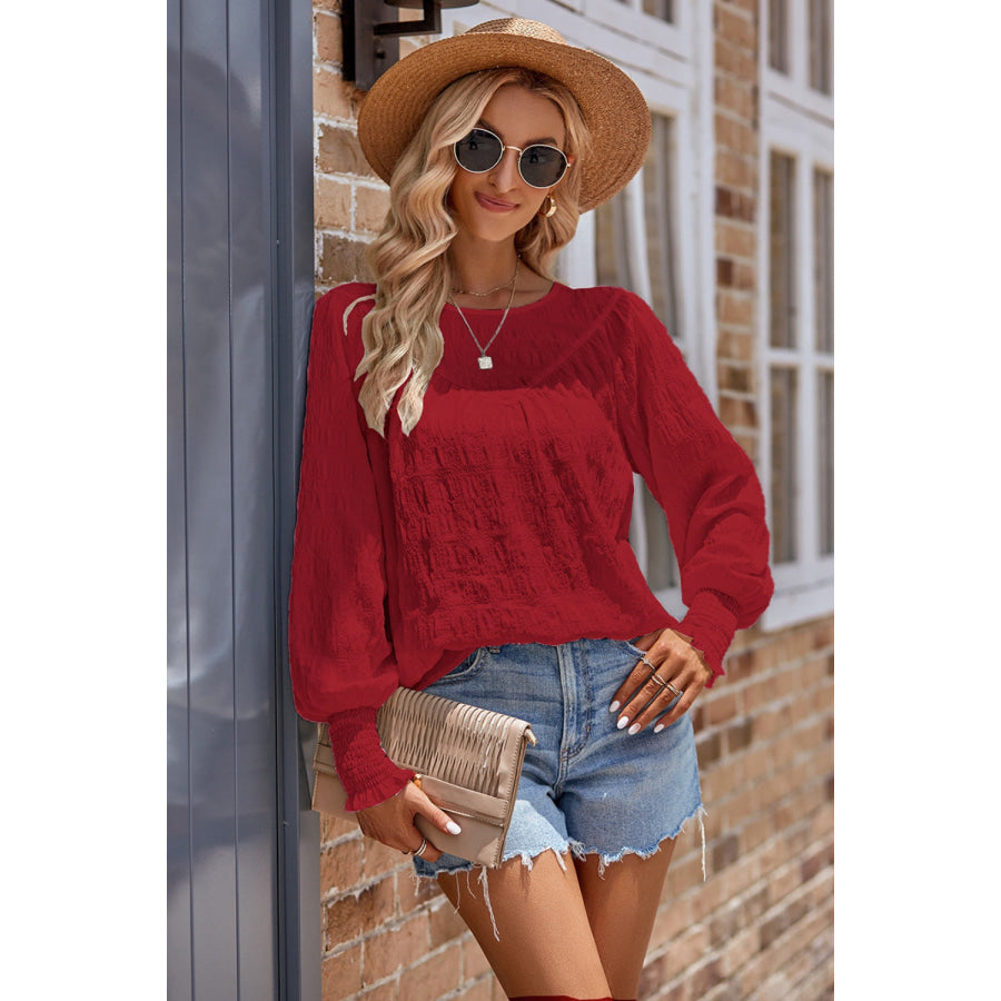 Ruched Round Neck Lantern Sleeve Blouse Deep Red / S Apparel and Accessories