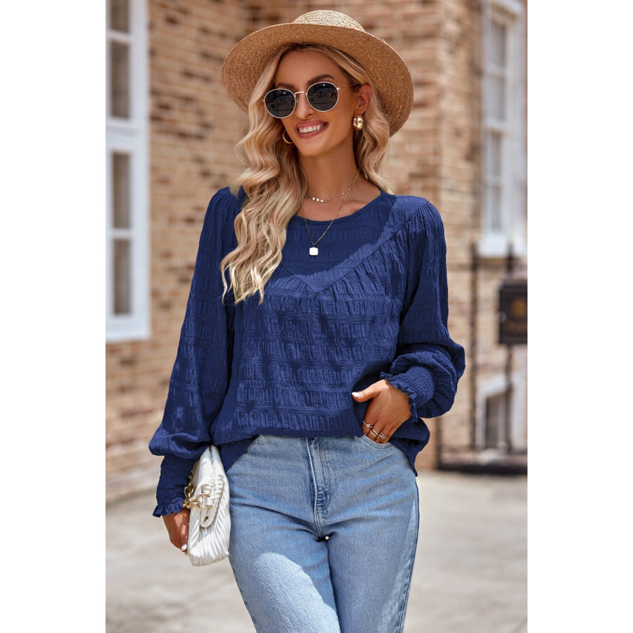 Ruched Round Neck Lantern Sleeve Blouse Navy / S Apparel and Accessories